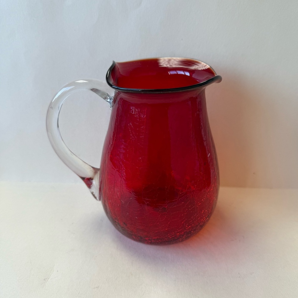 Vintage Ruby Red Pilgrim Glass Pitcher with Clear Applied Handle